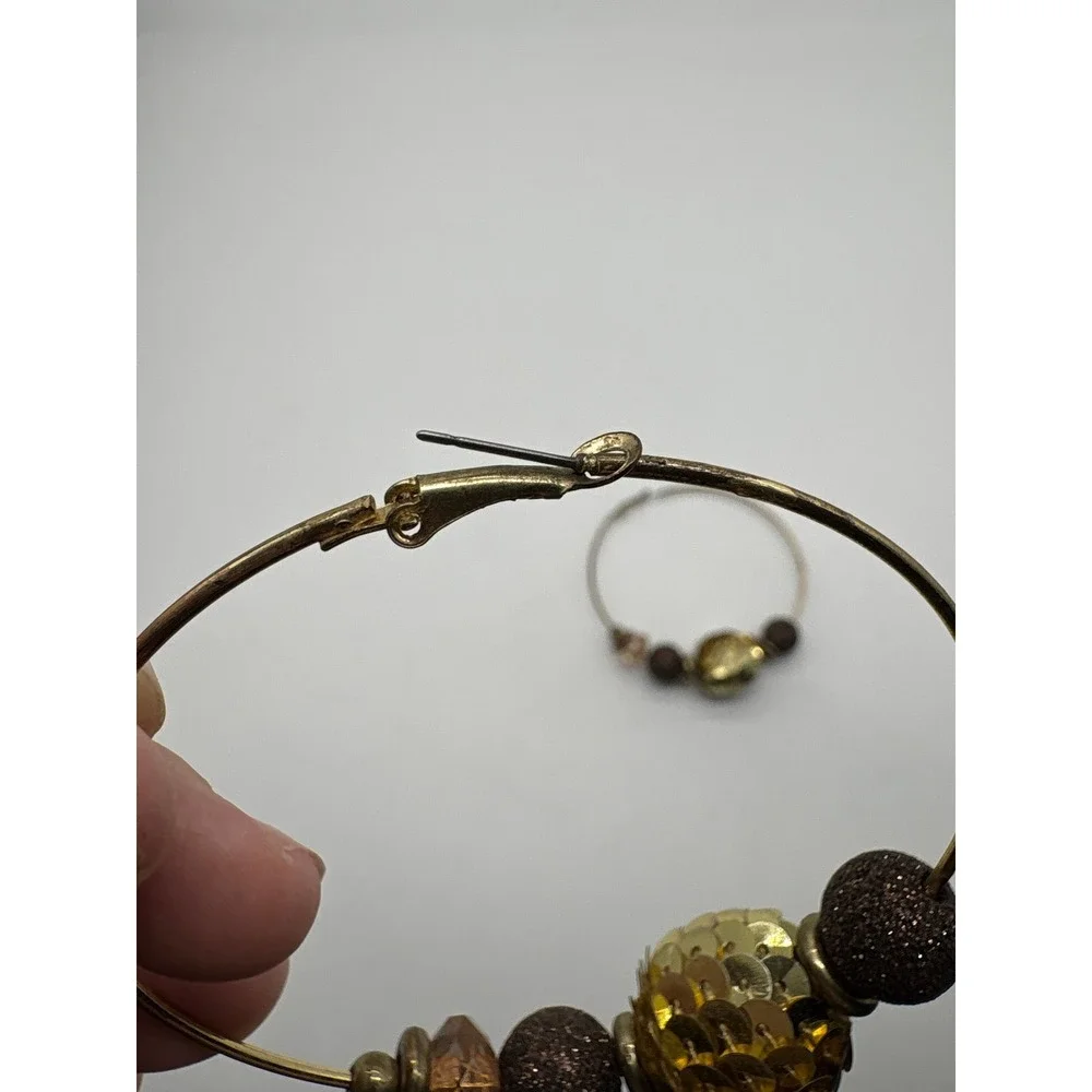 Gold Tone Large Beaded Hoop‎ Earrings Sequin Glitter Warm Accents J935